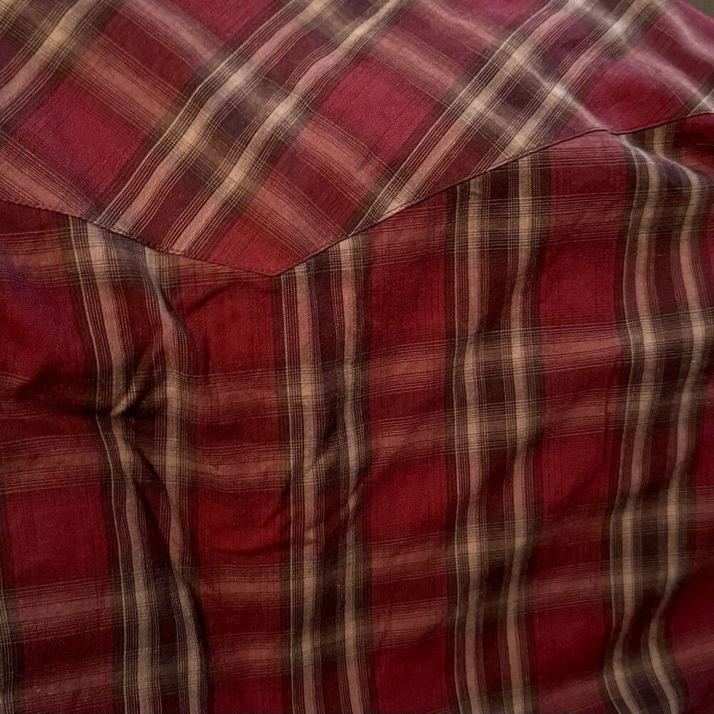 Bit & Bridle Mens Sz L  burgundy/cream plaid western Pearl Snap Long Sleeve Top - Picture 3 of 5
